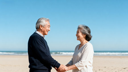 happy senior couple holding hands at beach, man and woman holding handsの素材