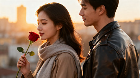 Image of young asian couple man and woman 20s wearing casual clothes holding rose while walking outdoorsの素材