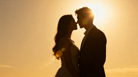 Silhouette of a bride and groom on the background of the setting sunの素材