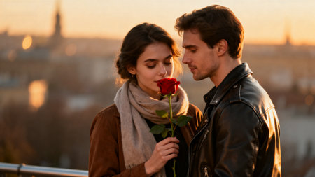 Beautiful young couple in love kissing and holding a red rose in the cityの素材