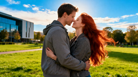 Young couple in love kissing and hugging in the park at sunset.の素材