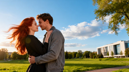 Romantic young couple in love embracing in the park at sunset.の素材