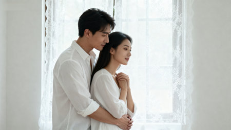 Young asian couple standing near the window and embracing each other.の素材