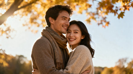 Happy asian couple embracing in autumn park. Smiling young man and woman looking at camera.の素材