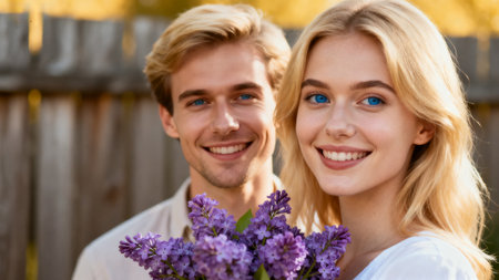 beautiful young couple holding bouquet of lilacs and smiling at cameraの素材