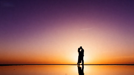 silhouette of a man and a woman on a salt lake at sunsetの素材