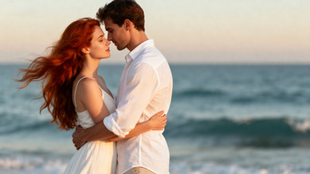 Beautiful couple in love on the beach at sunset. Romantic honeymoon.の素材