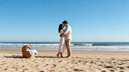 Full length portrait of a romantic couple embracing on the beach at the day timeの素材