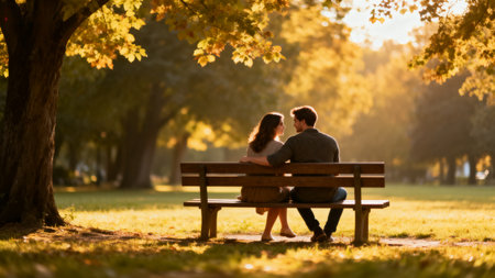 Young couple sitting on a bench in the park and looking at each otherの素材