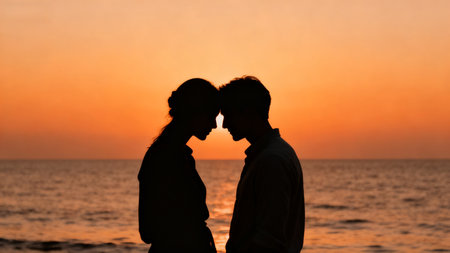 Silhouette of young couple kissing on the beach at sunset.の素材