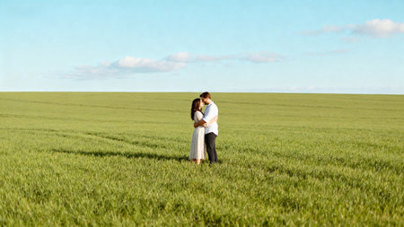 Young couple in love embracing each other in green field at springtimeの素材