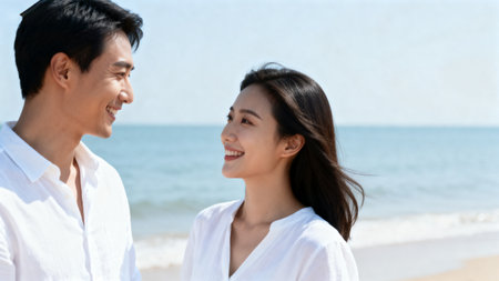Happy asian couple looking at each other on the beach. Asian people.の素材