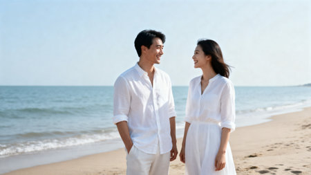 Happy asian couple walking on the beach at the morning. People lifestyle concept.の素材