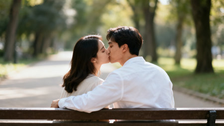 Portrait of a young asian couple kissing in the park.の素材