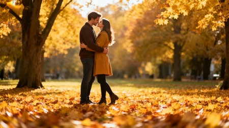 Young couple in love hugging and kissing in autumn park. Romantic date.の素材
