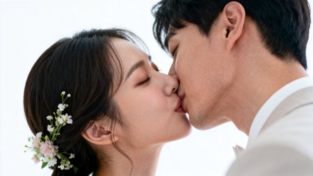 Young asian couple kissing on white background, valentine conceptの素材