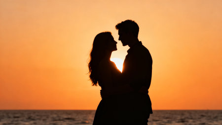 Silhouette of a young couple kissing on the beach at sunsetの素材