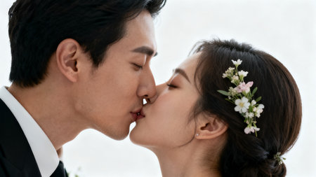 Portrait of a young bride and groom kissing in their wedding dayの素材