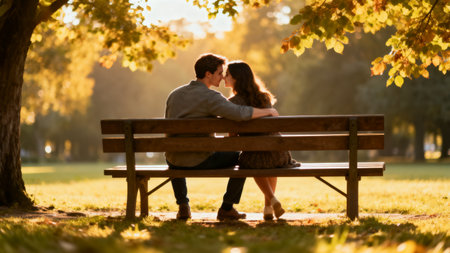 Young couple in love sitting on a bench in the park at sunsetの素材