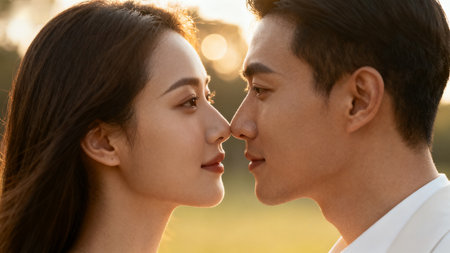 Close-up portrait of a loving young couple standing outdoors, looking at each otherの素材