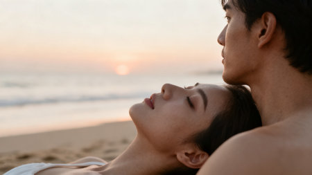 Couple on the beach at sunset. Young asian man and woman relaxing on the beach.の素材