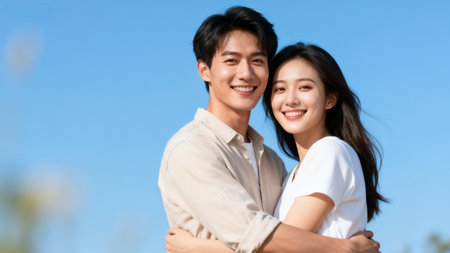 Happy asian couple on blue sky background. Love and happiness concept.の素材