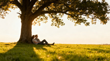 Couple in love sitting under a big tree on a sunny dayの素材