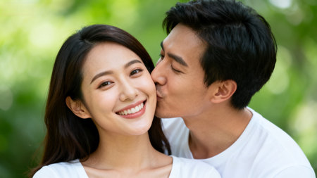 Young asian couple kissing in the park, close up portrait.の素材