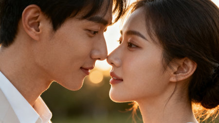 Portrait of a young asian couple looking at each other outdoorsの素材