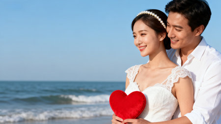 Happy young asian couple holding red heart shape on the beach.の素材