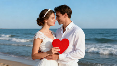 Bride and groom holding red paper heart on the beach near the seaの素材