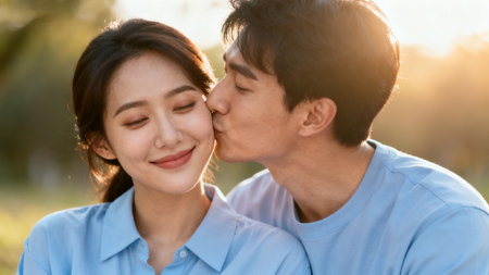 Young asian couple kissing in the park at sunset, closeupの素材