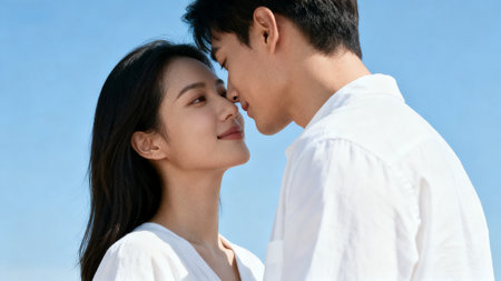 young asian couple kissing and looking at each other on blue sky backgroundの素材