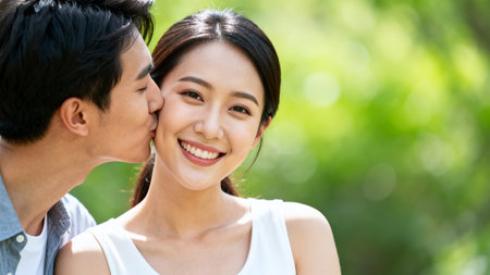 asian young couple kissing in the park on a sunny summer dayの素材