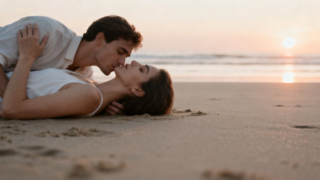 Beautiful young couple in love kissing on the beach at the sunsetの素材