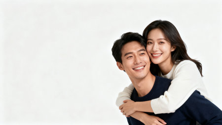 Portrait of a happy young asian couple embracing, isolated on white backgroundの素材