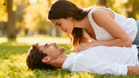 Young couple in love lying on the grass in the park and kissingの素材