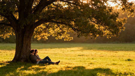 Young couple in love sitting under a tree in the park at sunsetの素材