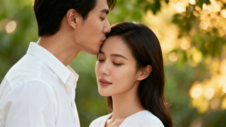 Portrait of a young asian couple kissing in the park.の素材