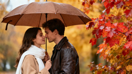 Young couple in love under umbrella in autumn park. Love concept.の素材
