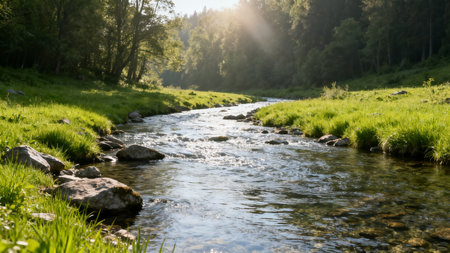 Small river in the forest on a sunny summer day. Landscape.の素材