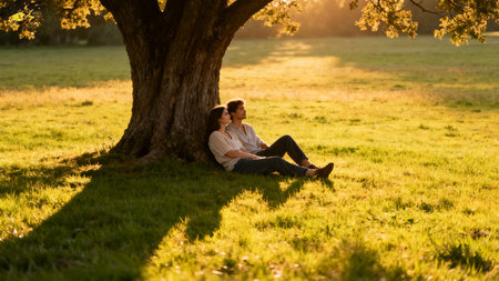 Young couple sitting under a tree in the park on a sunny dayの素材
