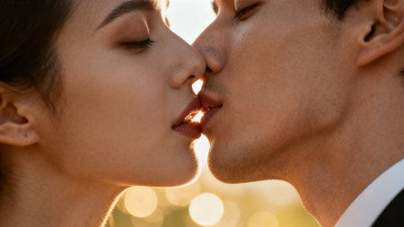 Close-up portrait of a beautiful young loving couple kissing outdoors.の素材