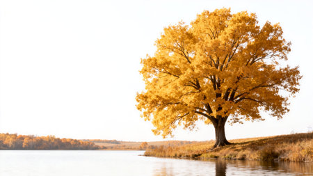 Autumn landscape with a tree on the bank of the river.の素材