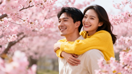 Happy asian couple in love with cherry blossom sakura backgroundの素材