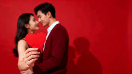 Young asian couple holding red heart on red background with copy spaceの素材
