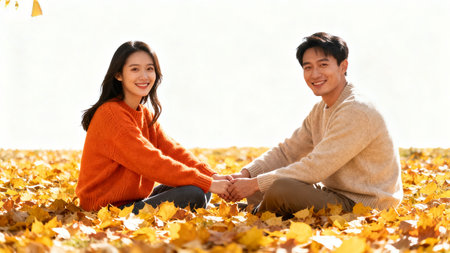 Happy asian couple holding hands in autumn park. Young man and woman sitting on yellow leaves.の素材