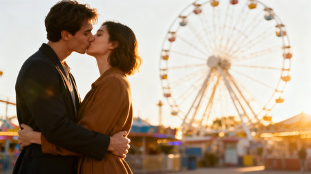 Couple in love kissing and hugging in front of a ferris wheelの素材