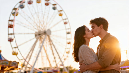 Couple in love kissing at the amusement park with ferris wheel in the backgroundの素材