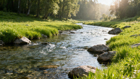 mountain river in summer with green grass and stones on the shoreの素材